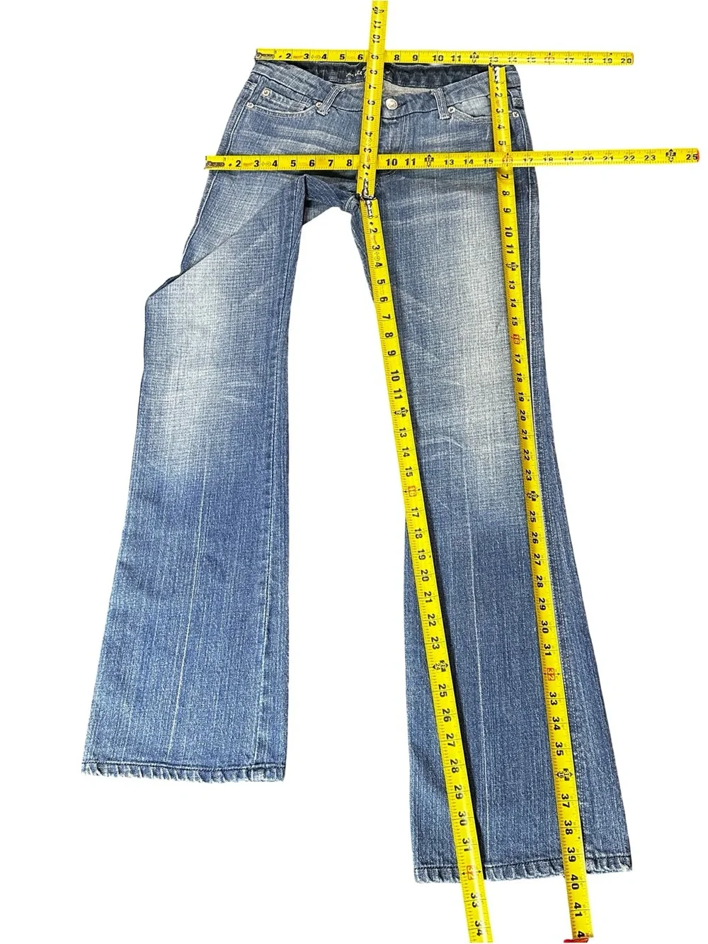 7 For All Mankind Dojo Flare Embellished Back Pockets Denim Jeans Size 28 - Picture 7 of 7